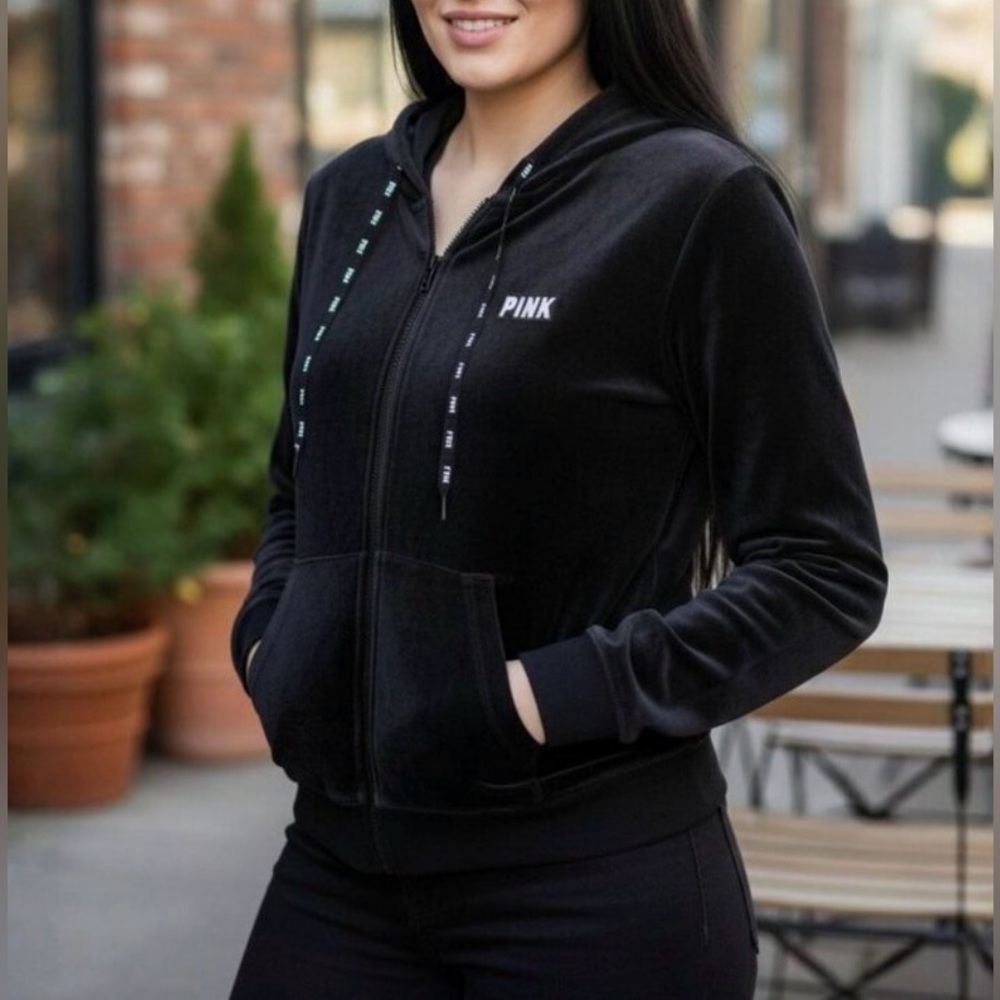 PINK Victoria's Secret Black Velour Zip-Up Hoodie / jacket